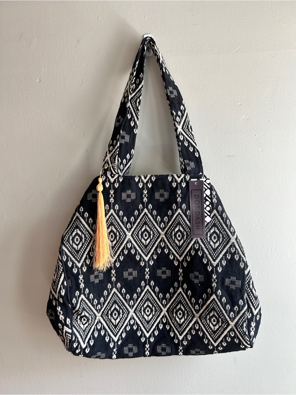 NWT Dot Dash 100% Cotton Woven Bag Boho Tribal Print Black/White